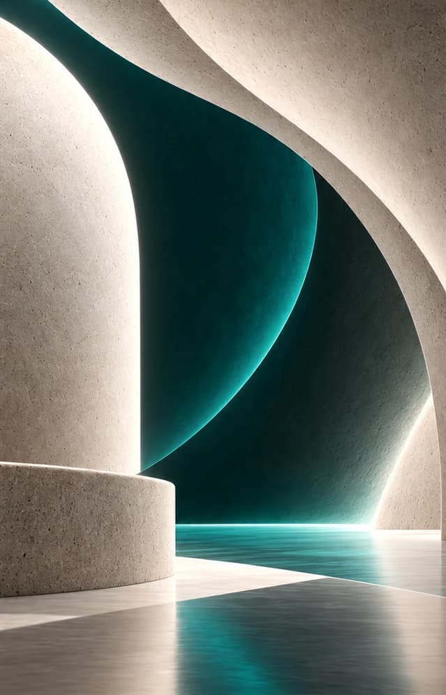 Arcos de concreto claro com luz teal ao fundo